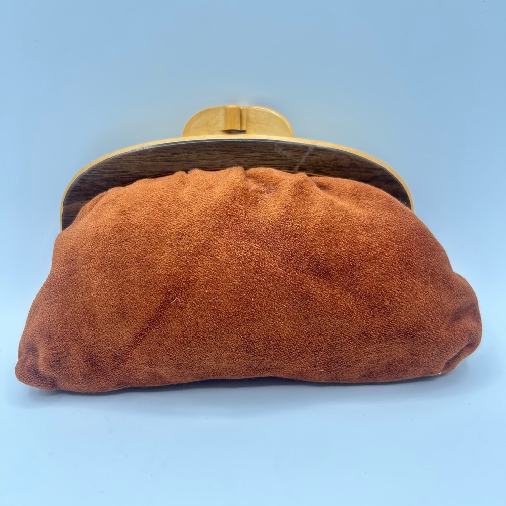 Vintage Rust Orange Faux Suede Frame Clutch Bag Faux Wood Kiss Lock Hong Kong - Picture 6 of 8